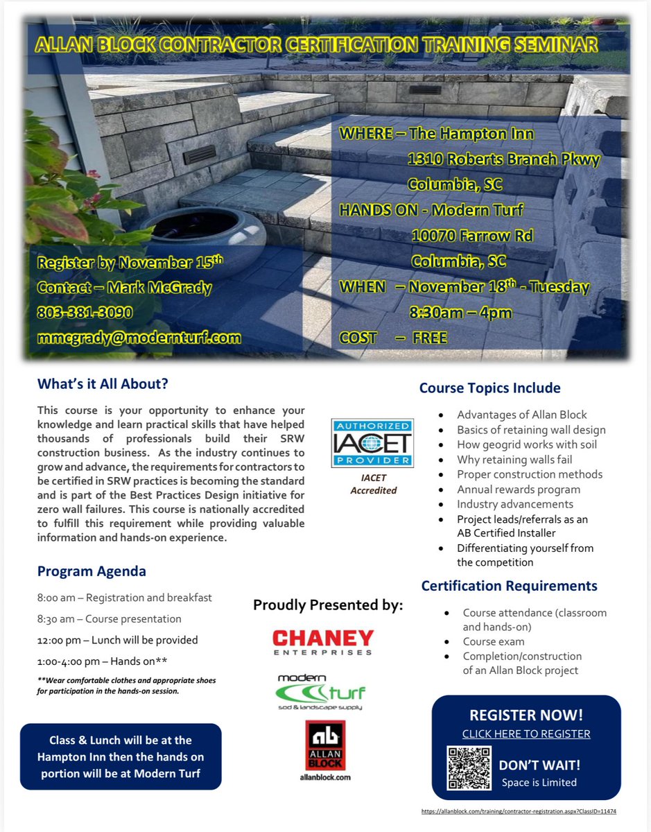ModernTurfSod's tweet image. Two weeks out! We’ve got 10 seats left for the FREE Allan Block Contractor Certification in Columbia, SC on Tue, Nov 18 (8:30–4). Lunch included + hands-on at Modern Turf. Snag your spot now👇
#Hardscapes #LandscapeDesign #LandscapeArchitect #LandscapeConstruction