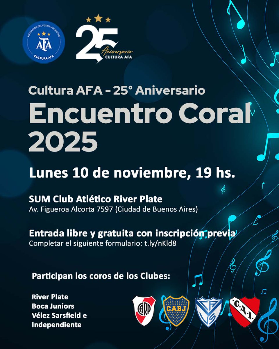 | Encuentro Coral #CulturaAFA 2025

El próximo lunes 10 de noviembre se realizará nuestra tradicional muestra coral en <a href="/RiverPlate/">River Plate</a>.

La entrada es libre y gratuita. Solamente con inscripción previa:

📝 t.ly/nKld8
