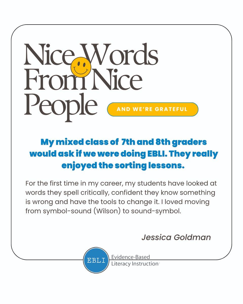 EBLIreads's tweet image. 7th–8th grade teacher Jessica Goldman shared how EBLI turned spelling confusion into confidence through speech-to-print instruction.

📖 Learn more: EBLI.com

#EBLI #EvidenceBasedLiteracyInstruction #ScienceOfReading #TeacherVoices #ReadingEducation