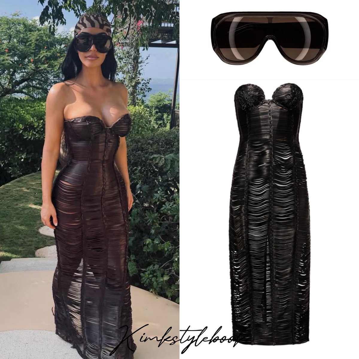 kimkstylebook's tweet photo. #KimKardashian at #KendallJenner 30th Birthday Party wearing #MagdaButrym Custom Dress by @avigail.collins and #PhoebePhilo Sunglasses 🏝️🤎 https://t.co/Keu44nZXtE