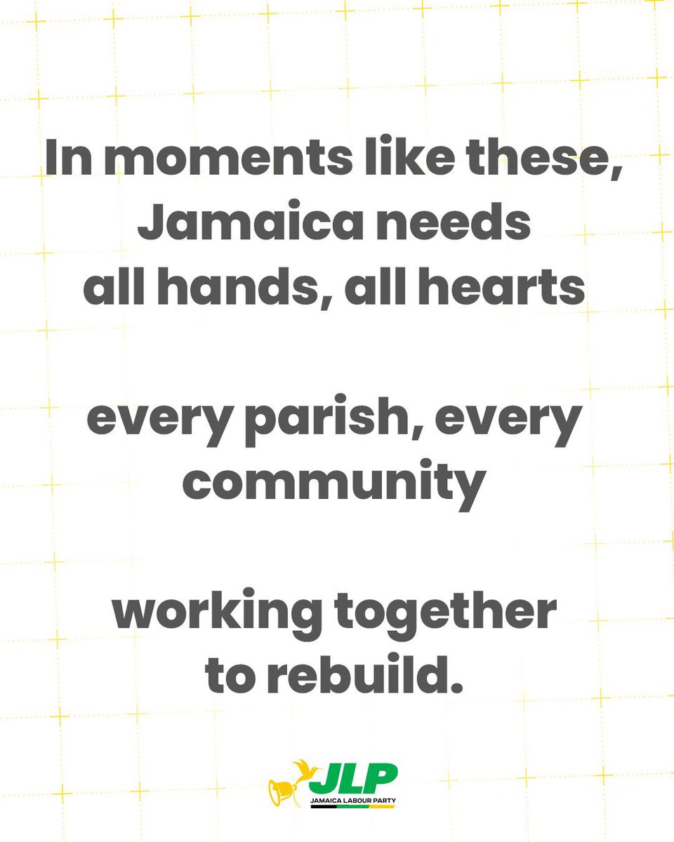 🇯🇲 This is a time for unity, not politics.

As our country rebuilds after Hurricane Melissa, Jamaicans need compassion, leadership, and togetherness.

The Jamaica Labour Party, as the party leading the Government, remains focused on what truly matters: rebuilding communities,