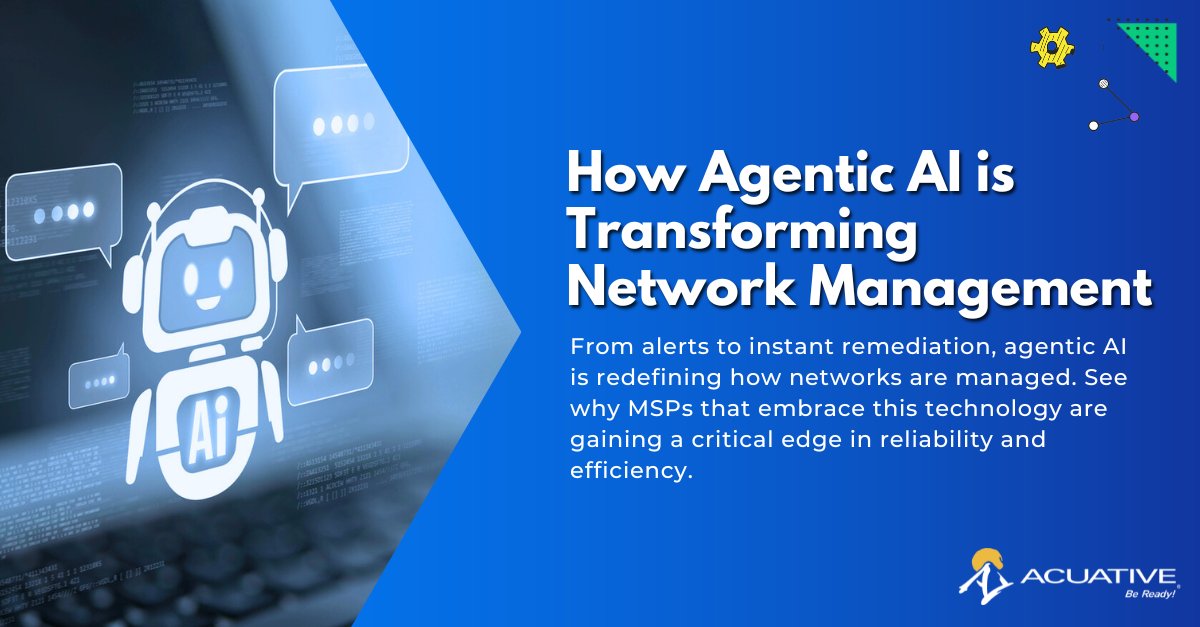 The era of manual network failover is ending. With agentic AI, monitoring becomes immediate, decisions get made without human delay, and your network simply “fixes itself” when things go off track. Learn more in our latest blog, written by David Kay. acuative.com/blog/agentic-ai #AI