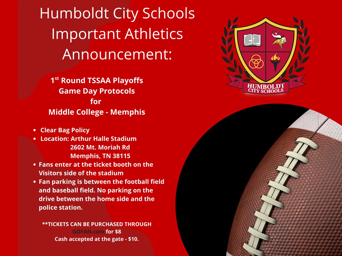 Game Day Protocols issued by host school: Middle College in Memphis
🎒Clear Bag Policy 
📍Location: Arthur Halle Stadium
2602 Mt. Moriah Rd
Memphis, TN 38115
🎫TICKETS CAN BE PURCHASED THROUGH GOFAN.com for $8 at this link: Cash accepted at the gate - $10.