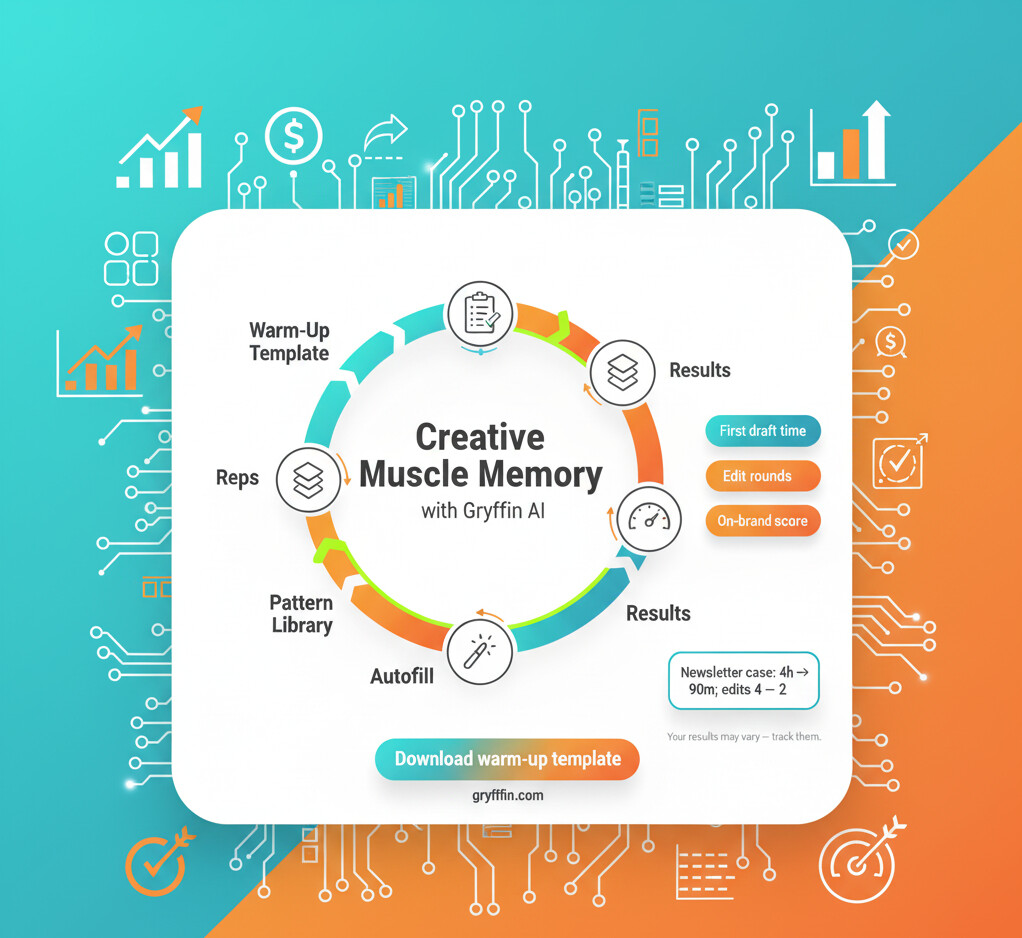 getgryffin's tweet photo. Creative speed isn’t magic. It’s reps.
One Gryffin template per workflow
Repeat it every sprint
Save winners to a pattern library
Autofill the next brief
Track: time to first draft, edit rounds, and on-brand score.
Example: newsletter team cut first draft from 4h→90m in 3 weeks. https://t.co/A9LnZVYWVz