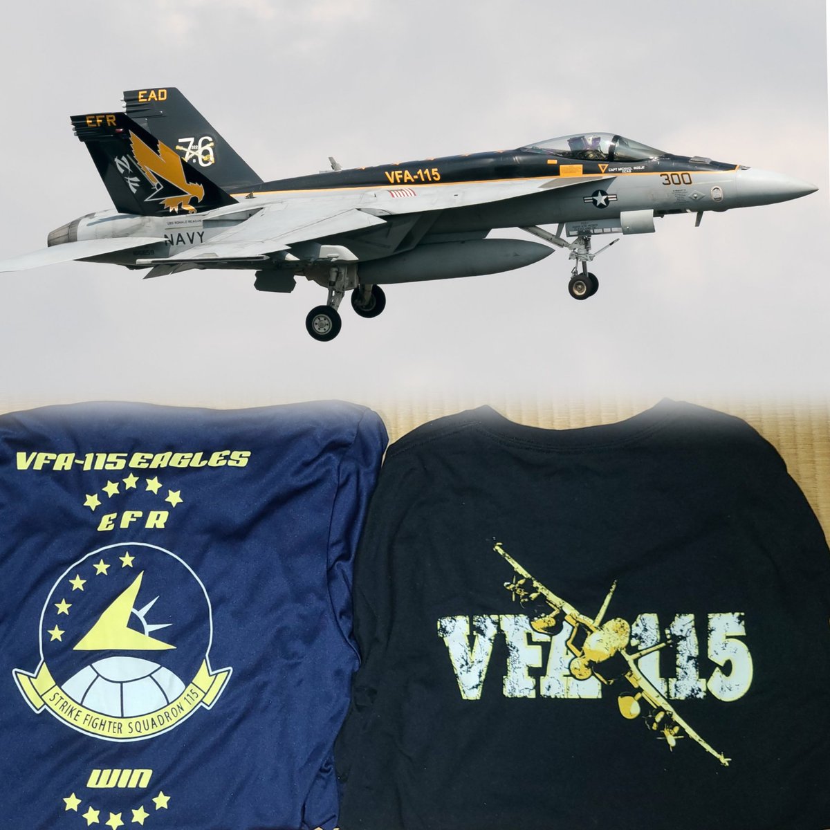 n2051k's tweet photo. 今日は115の日
今は日本を離れてしまってるVFA-115 EAGLES(コールサイン タロン)が厚木にいた頃のカラー塗装と購入したTシャツ写真。
#115の日
#VFA115
#EAGLES
#FA18E
#SuperHonet
#コールサイン
#タロン
#厚木基地
#カラー塗装
#Tシャツ https://t.co/e8ABnQWkE7