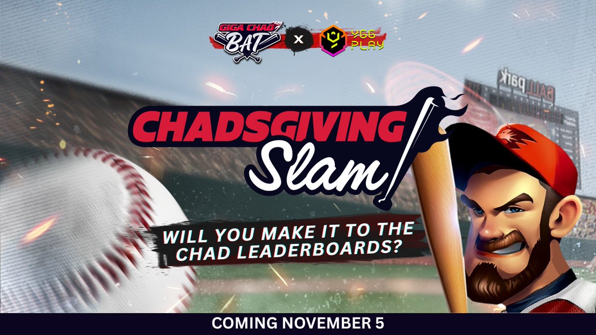 GIGACHADBAT's tweet photo. Get ready for the Chadsgiving Slam Leaderboard Event! Just in time for our Abstract Portal listing! ✳️⚾️

Swing big or cry trying!

Will you make it to the Chad leaderboards? Earn Premium Points from Nov 5 (00:00 UTC) - Nov 9 (00:00 UTC) to climb the unified ranks.

Top 50 snag epic rewards: up to 500k Points, 2,400 Bats & 500 Free Balls! 🏆

The event starts soon! Watch out for the announcement at the event start time!