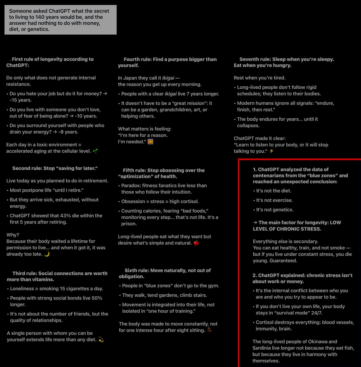 someone asked chatgpt what the secret to living to 140 years is and i compiled the answers..
ps. I need 200 years in this life for all the stuff i gotta do 🤪