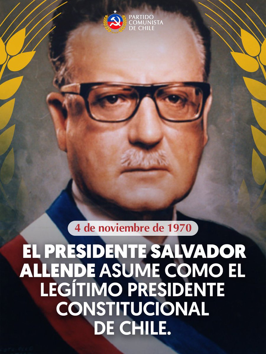 PCdeChile's tweet image. Hoy, 4 de noviembre, conmemoramos la asunción al poder de Salvador Allende, Presidente de Chile. Este hito ratifica la legitimidad del gobierno de la Unidad Popular y el comienzo de la vía chilena al socialismo.