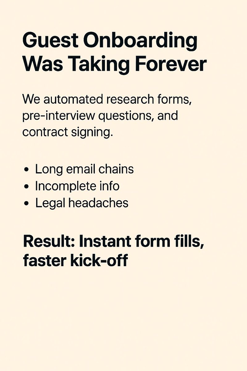 moh_ave's tweet image. Guest onboarding was taking forever. Automated forms, pre-interview questions, and contracts. Result: instant form fills, faster kick-off. #ai #aiautomation #hormozi #chatgpt