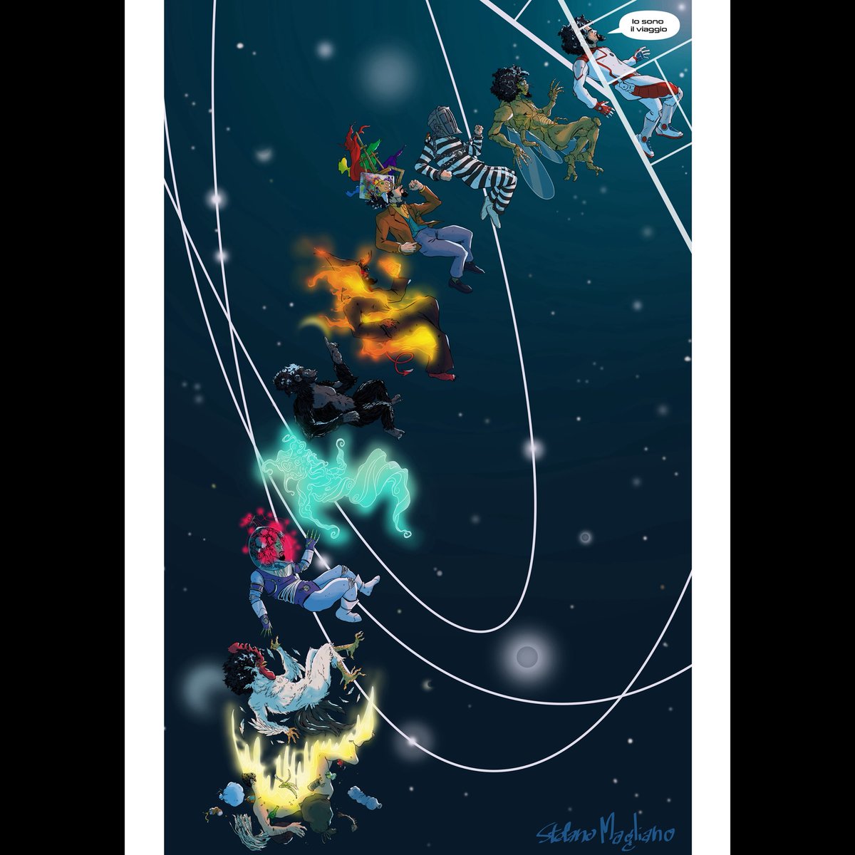 ste_magliano94's tweet photo. Durante i primissimi ascolti di “Io sono il viaggio” di #Caparezza ho flashato quest’immagine in testa, e ieri, al suo firmacopie, ho deciso di lasciargli una stampa dell’illustrazione.
Grazie per tutta la tua bella arte, dalla penna al mic! 🚀💙
#orbitorbit #iosonoilviaggio https://t.co/WaeCydqeJ2