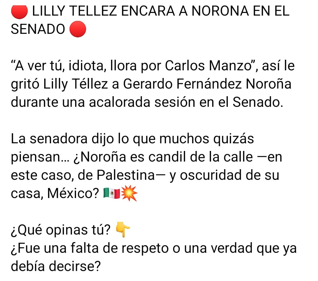 AlfaRomeoMultim's tweet photo. 🔴LILLY TÉLLEZ ENCARA A NOROÑA EN EL SENADO🔴

“A ver tú, idiota, llora por Carlos Manzo”, así le gritó Lilly Téllez a Gerardo Fernández Noroña durante una acalorada sesión en el Senado.

La senadora dijo lo que muchos piensan… ¿Noroña es candil de la calley oscuridad de su casa https://t.co/fPEkoiWivd