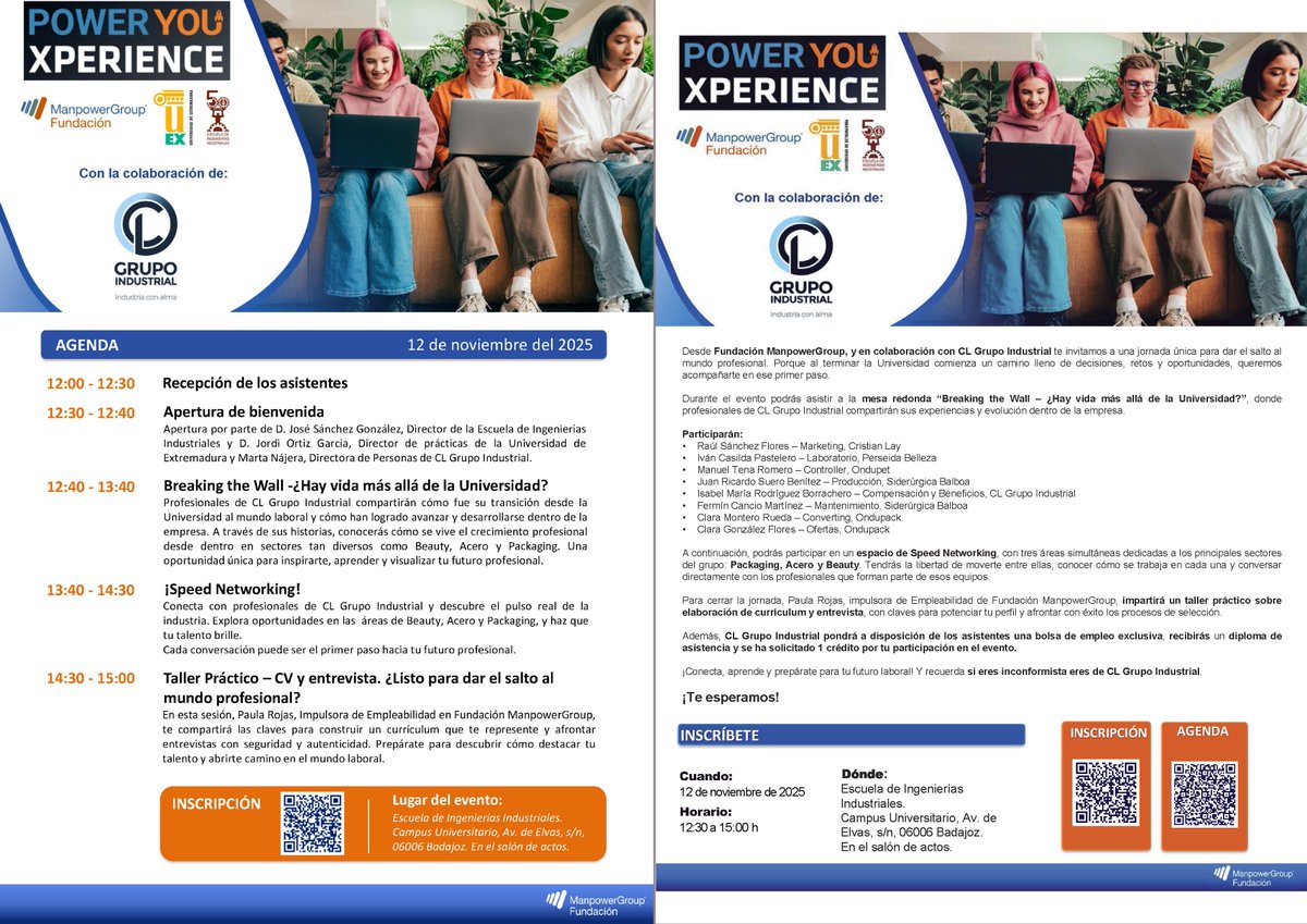 Jornada PowerYou Xperience
12 de noviembre de 2025 de 12:30 a 15:00h
Escuela de Ingenierías Industriales, Salón de Actos
para impulsar tu talento y fortalecer tus habilidades profesionales.

Inscripciones:
share.hsforms.com/1HXAYcY_KT9eE4…