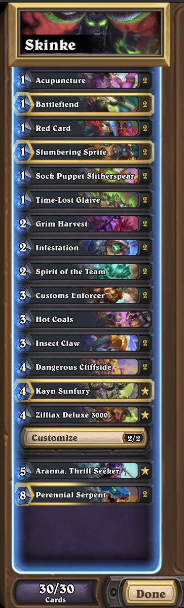 Made it to #8 with aggro dh with dormant package today. Punishing a lot of the unrefined decks ofc, and still uncertain about the dormant package, the 1 mana 3/3 is performing surprisingly well, even if i cant get serpent synergy. Wish i could have streamed today :( Might go back