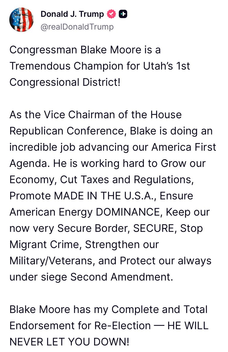 Honored to have President Trump‘s support as we fight to maintain the Republican majority. We’re focused on implementing strong policy wins so we can continue lifting up Utahns and Americans across the country.