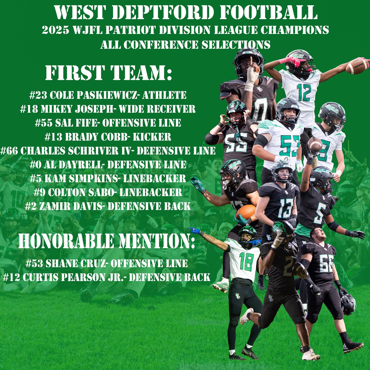 WDHSFB's tweet image. West Deptford Football Team captured the Patriot Division (6-0) and had 9 Players Selected 1st Team All-Division. Congrats to ALL on a tremendous season! #GottaBelieve #WDFootball #BFC