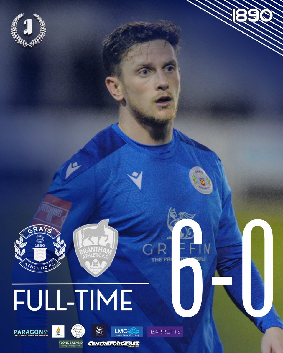 FULL-TIME: GRAYS ATHLETIC 6-0
Brantham Athletic
An emphatic dominant win this evening under the lights at the EMR Stadium in the <a href="/IsthmianLeague/">The Pitching In Isthmian League</a> North
Goals from Hope, Jude, Bareck, Stone (2) and Shelvey
Thank you for your support this evening 
#UpTheAth