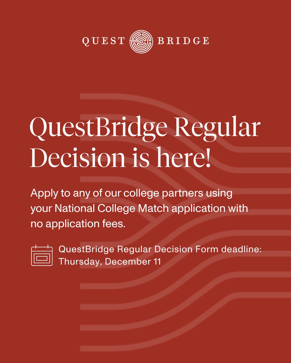 QuestBridge's tweet image. National College Match Finalists: While you wait for Match Day, research colleges you may want to apply to and submit the QuestBridge Regular Decision Form (available on your Manage page) by Thursday, December 11, to apply to any of our college partners with no application fees!
