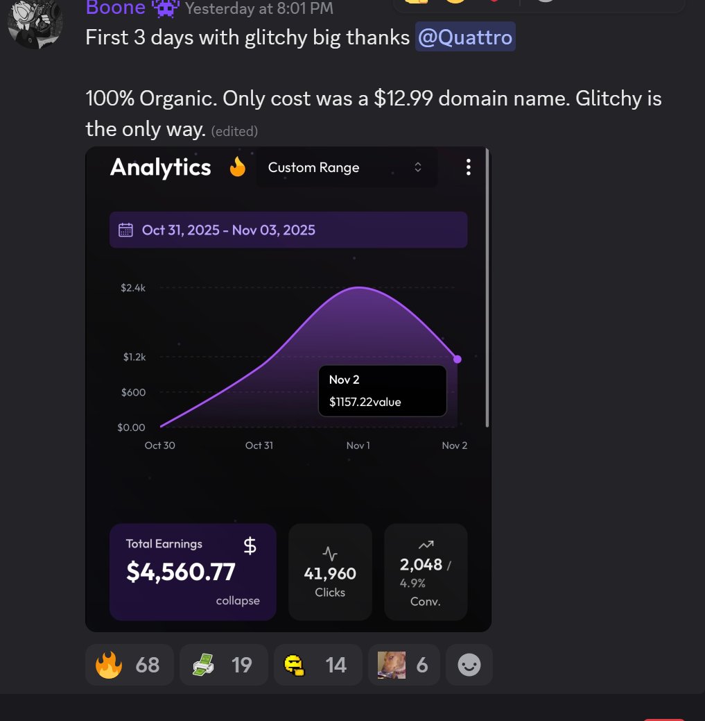 I just saw this in the Glitchy discord and it got me thinking

If you make $4500 in 3 days, thats $45,000 / month. Top 0.1% income anywhere in the world. Even half of that is top 1%, i.e $22,500 / month

So If this random guy who started 3 days ago can pull in $4,500 in 3 days.