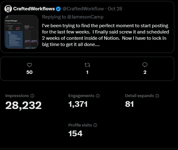 CraftedWorkflow's tweet image. Building in Public for 100 Days - Week 1

Week one flew by. 
I got 30k impressions replying to a viral post, gained 25 followers, but had nothing ready to capitalize on it. 
The traffic showed up before the product did.  
Painful, but educational.

Here&apos;s everything I learned in…