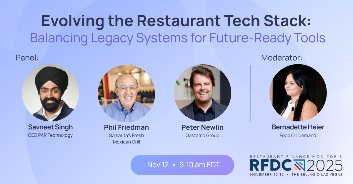 PAR_Tech's tweet image. ⚖️ Balancing the tried-and-true with what’s next: this RFDC panel explores the evolving restaurant tech stack.

Featuring:
🎤 Savneet Singh, PAR Technology
🎤 Phil Friedman, @Salsaritas
🎤 Peter Newlin,Gastamo Group
🎤 Bernadette Heier, @FOD_News

📅 Nov 12 at 9:10 am
📍 RFDC