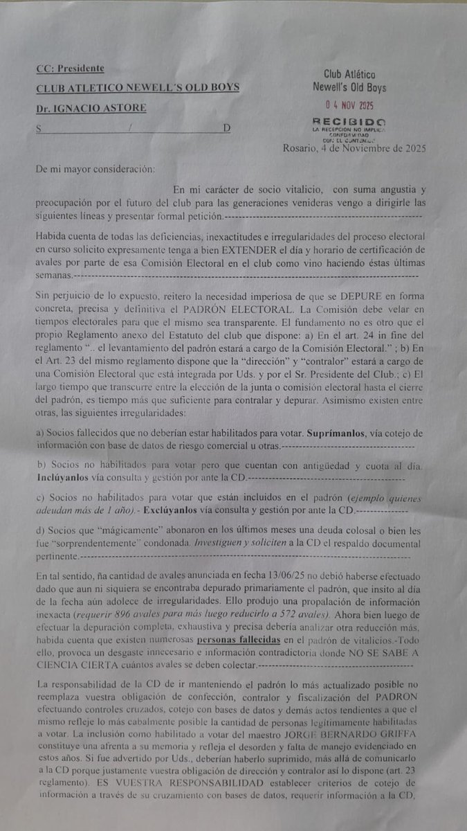cabrerahercap's tweet image. Nota presentada por @DanGiraudo a la Junta Electoral y al presidente Ignacio Astore por extensión de día y horarios, irregularidades y depuración del padrón