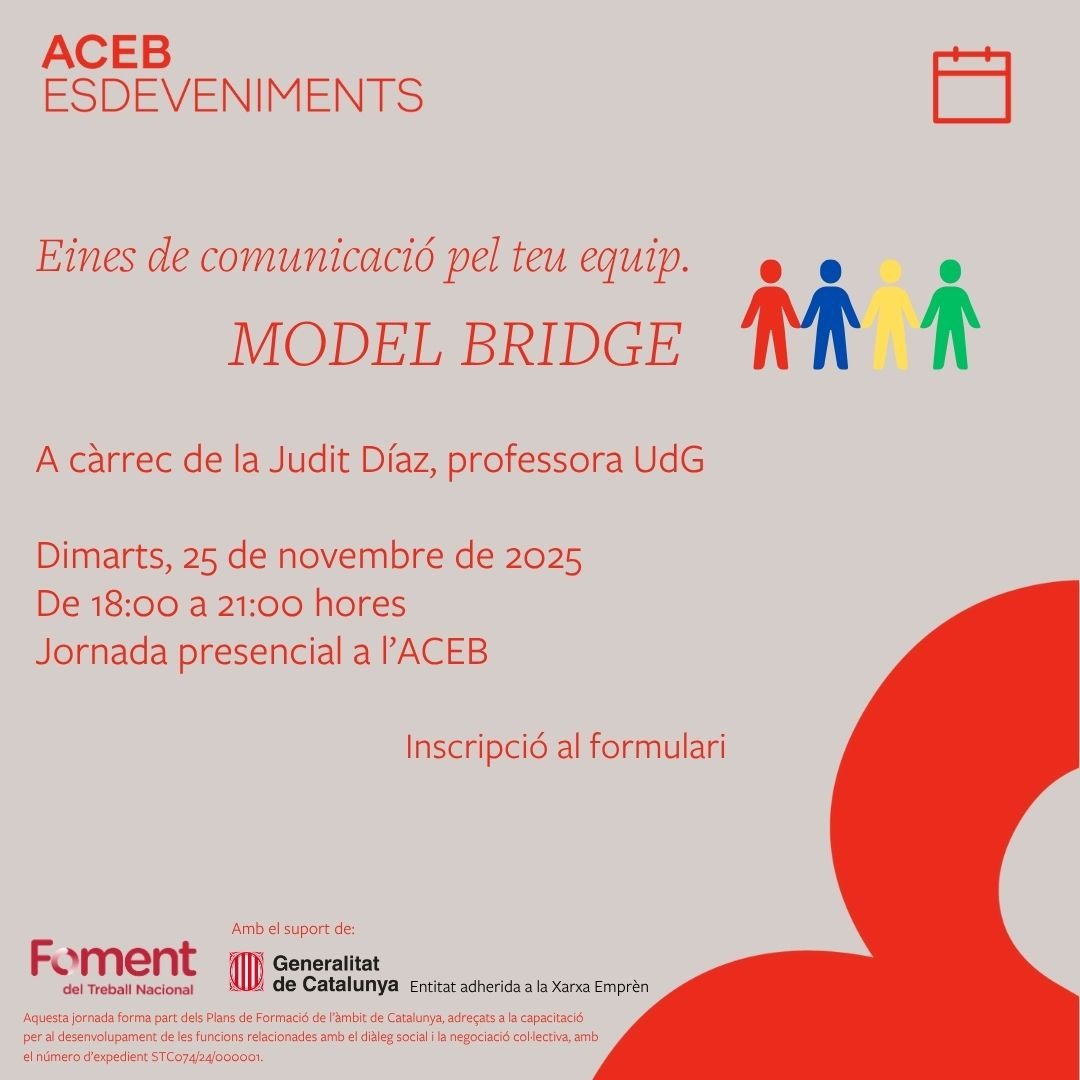👋 L'ACEB organitza la jornada "Eines de comunicació: Model bridge" amb Judit Díaz. Aprèn noves estratègies per al teu grup!

🗓️ 25 de novembre 
⏰ 18:00h 
📍 Presencial a l'ACEB 
🎟️ Inscripcions gratuïtes a forms.gle/gLg8PJyb55s6A5…