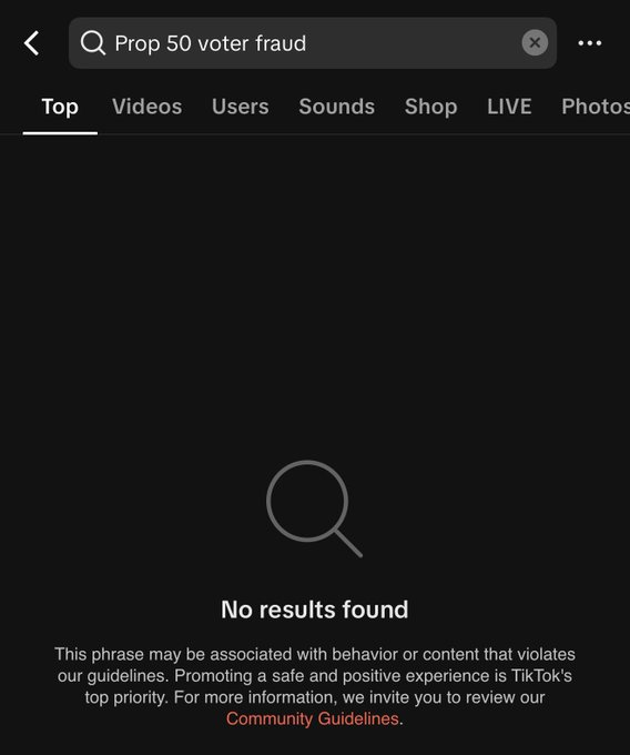 BREAKING: 🚨  TikTok caught restricting user searches of voter fraud in relation to Gavin Newsom’s Prop 50 vote.