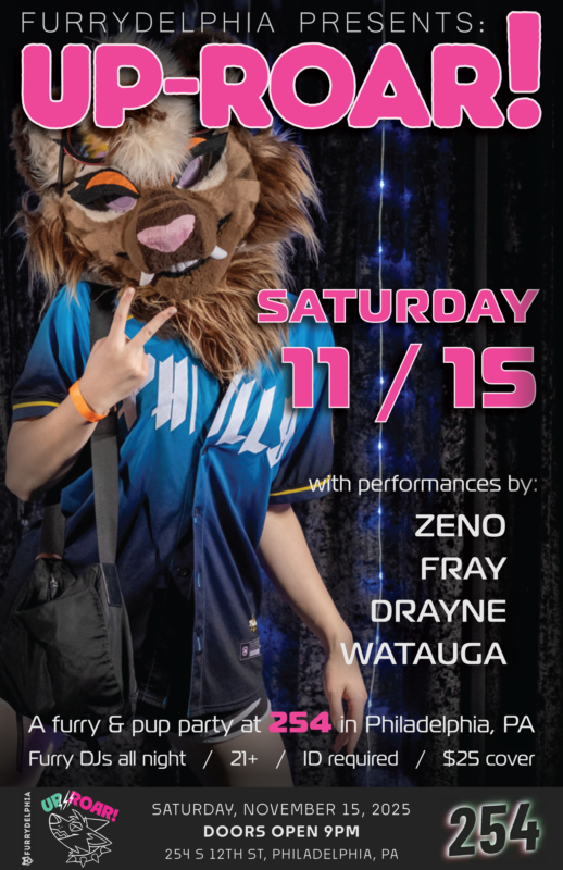 Furrydelphia's tweet photo. 🌝 short days got you down? maybe you just need to have some fun after dark.

👉 up-roar is happening again at 254. november 15th. featuring music by zeno, fray, drayne, and watauga. 

🚪 doors at 9pm. $25 cover. 21+ to enter. https://t.co/ZeuVgly14C
