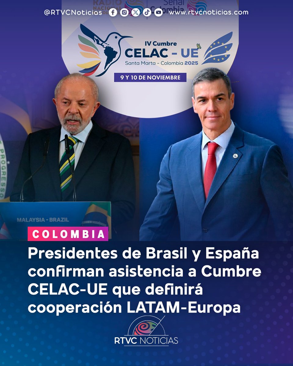 🇪🇸🇧🇷 Santa Marta acogerá este 9 y 10 de noviembre la IV Cumbre CELAC-UE: El presidente <a href="/petrogustavo/">Gustavo Petro</a> agradeció la asistencia de los mandatarios de Brasil y España,señalando  que el encuentro ocurre "en el momento más duro para Latinoamérica y el Caribe".

👉 Detalles en: