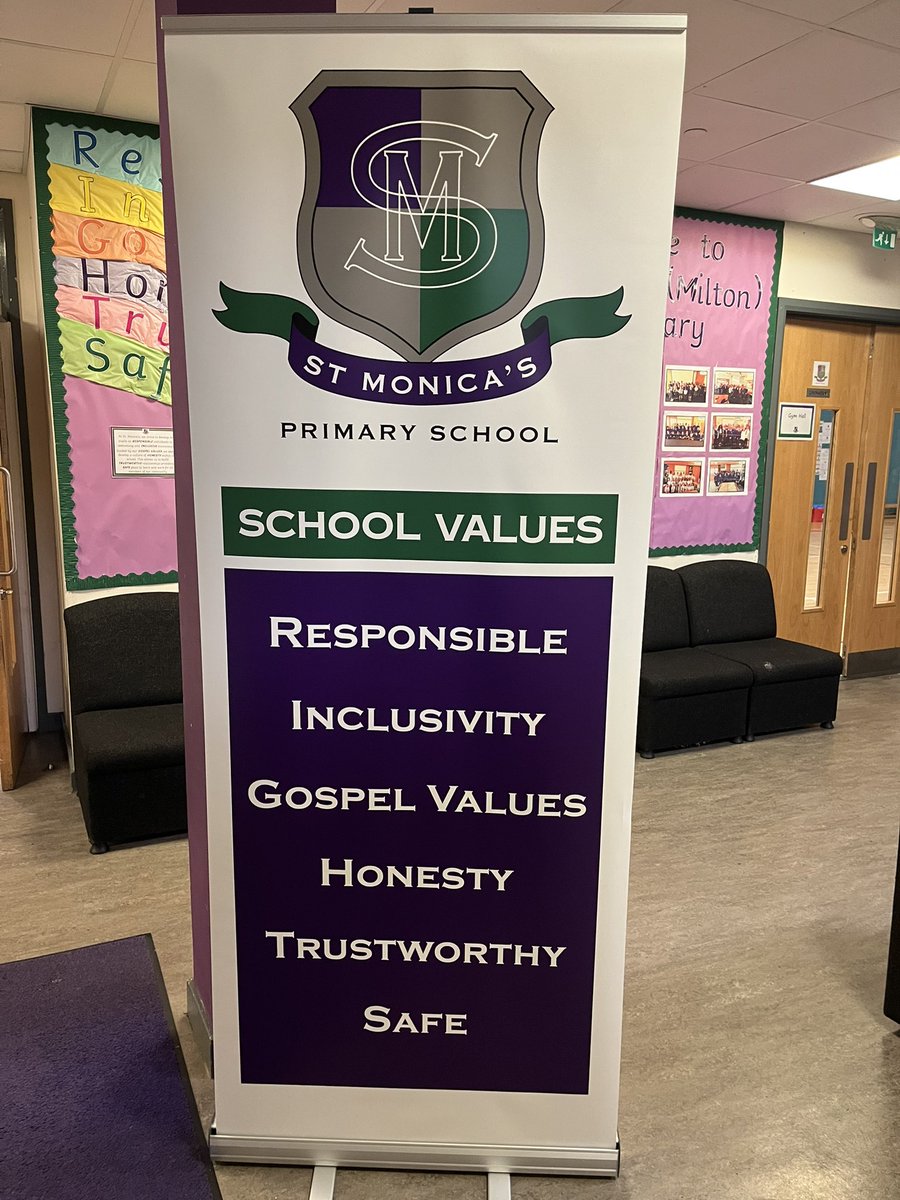StMonicaMilton's tweet image. Our new School Values Banner arrived today! Do you know what our School Values are? Thanks to @HobsRepro #schoolvalues