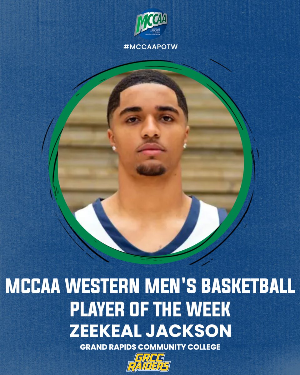 Zeekeal Jackson (<a href="/GRCCBasketball/">GRCC Men's Basketball</a>) had a pair of 20-point games as the Raiders won twice!

Jackson finished the week with 43 points, 13 rebounds, four assists, and two steals! 

He collects Western Conference Player of the Week honors for his efforts!

#MCCAAPOTW