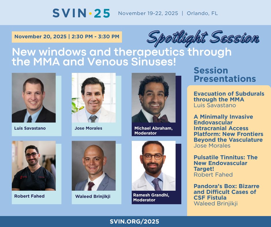 svinsociety's tweet image. New windows and therapeutics through the MMA and Venous Sinuses!

A deep dive into emerging endovascular approaches reshaping treatment for subdurals, tinnitus, and CSF leaks at #SVIN25 -- register today at svin.org/2025

@rgrandhi   @SavastanoLuisMD  @RaceToTheBrain…