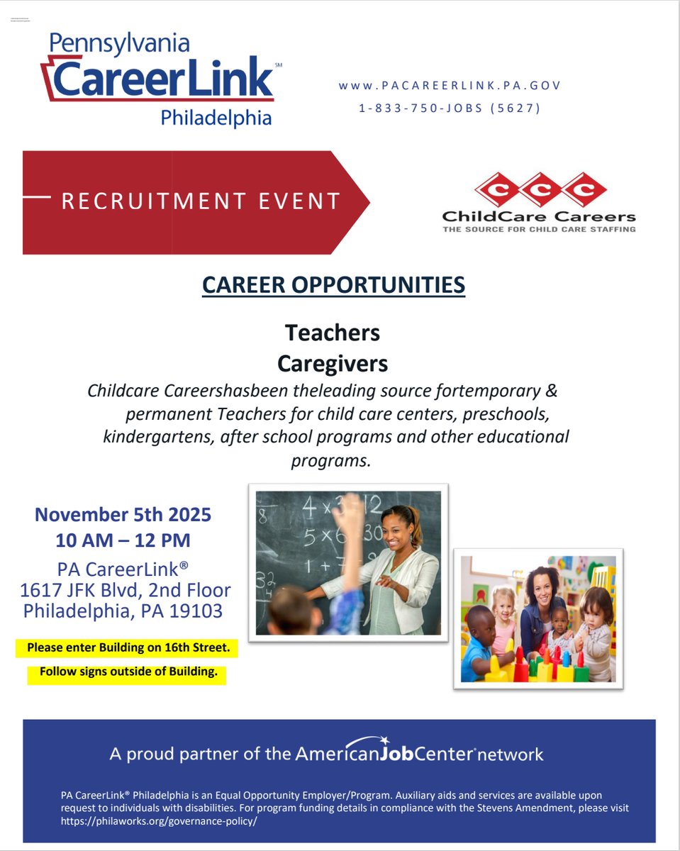 📣 Hiring Teachers &amp; Caregivers!
Join PA CareerLink® Philly &amp; ChildCare Careers for a recruitment event 🗓️ Nov 5, 2025 | 10 AM–12 PM
📍1617 JFK Blvd, 2nd Fl, Philadelphia, PA
Make a difference in childcare &amp; education!

#PACareerLink #PhillyJobs #NowHiring #EducationJobs