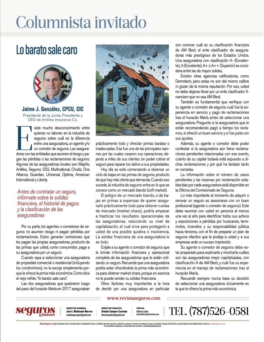 💡 Lo barato sale caro
Por Jaime J. González, presidente de la Junta de Directores y CEO de Antilles Insurance Company.
Una reflexión sobre por qué elegir una aseguradora solo por precio puede salir muy caro.
Lee la columna completa aquí 👉 ow.ly/NiXp50Xll4S
