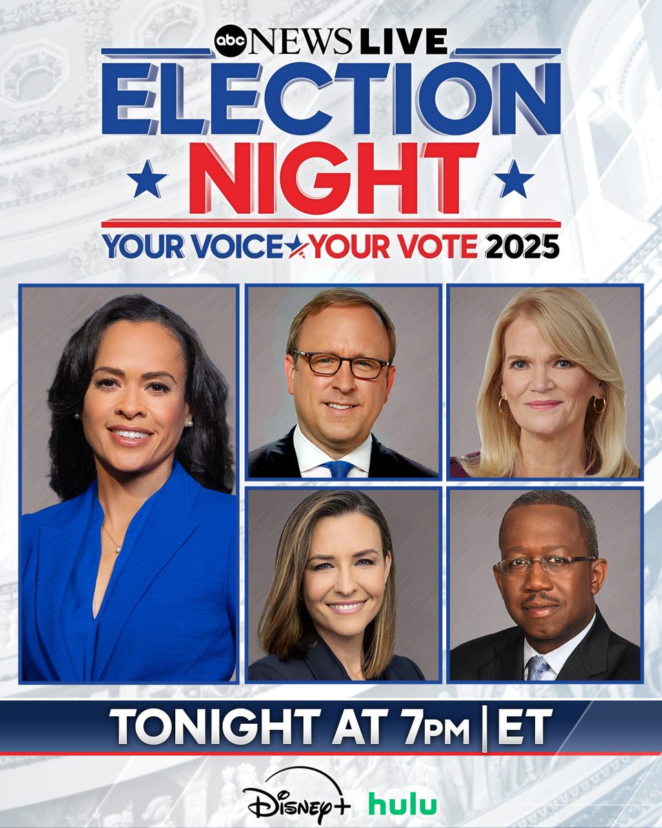 TONIGHT: Watch ABC News coverage of Election Night 2025.
LIVE beginning at 7 p.m. ET on <a href="/ABCNewsLive/">ABC News Live</a>, <a href="/DisneyPlus/">Disney+</a> and @Hulu. 
Follow live updates: abcnewslive.visitlink.me/3BavOD