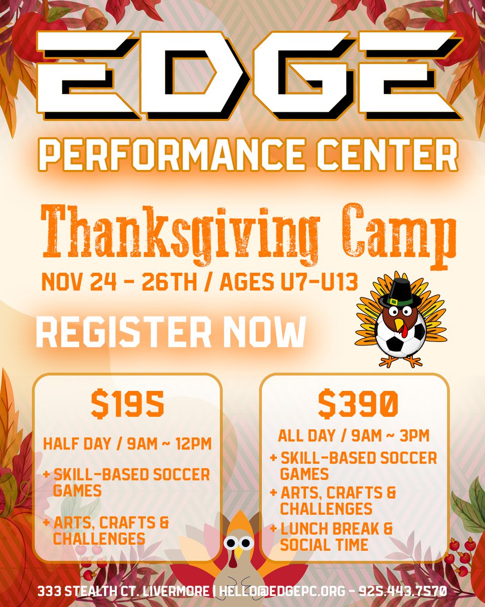 FusionSC's tweet image. Our EDGE Thanksgiving Camp is just around the corner!! 🍁 Click or copy this link to sign up now: fusionsc.sportngin.com/register/form/… 
#EDGEPerformanceCenter #PowerofFusion #ThanksgivingSoccer