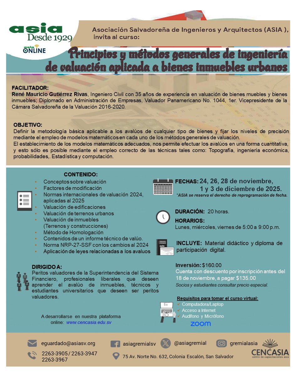 asiagremial's tweet image. 7 cupos disponibles
✅Cuenta con descuento por inscripción hasta el 18 de noviembre, a pagar $135
INSCRIPCIONES
🔗cencasia.edu.sv/.../principios…
📩 eguardado@asiasv.org
#avaluosinmobiliarios #avaluos #ingenieros #arquitectos #bienesinmuebles #PeritosValuadores #EstudiantesUniversitarios