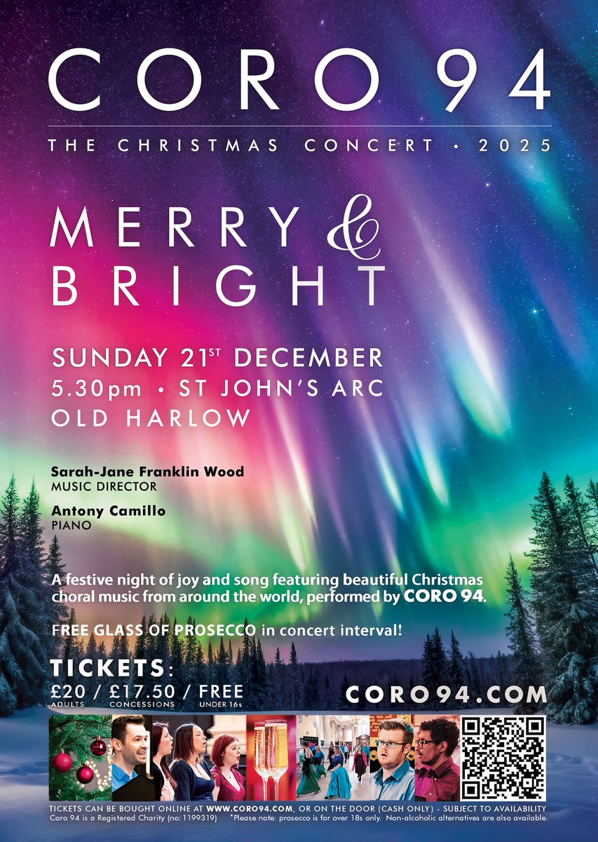 CORO 94 • ‘MERRY &amp; BRIGHT’!!!
🎄❄️🎶✨

Tickets are now on sale for the Coro Christmas Concert 2025!
Sunday 21st December • 5:30pm

📅 21.12.2025  |  6pm
🏛️St John’s ARC, Old Harlow

🎟️ INFO / TICKETS:
coro94.com/christmas-2025…

#Coro94 #MerryAndBright
