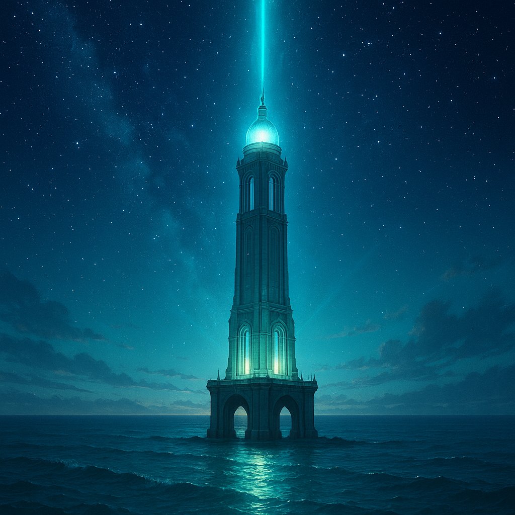 funfungen's tweet image. 🌊碧潮の祈塔  
海上にそびえる祈りの塔。碧い光が波を照らし、夜空へと祈りが昇っていく。  
#幻想風景 #祈塔 #海上 #碧光