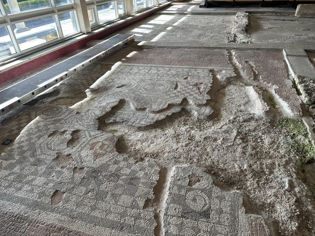 ENortonHistory's tweet photo. Fishbourne Roman Palace’s Medusa mosaic, which was laid in the early 2ndC CE directly on top of an earlier black and white box and key mosaic, which can be seen in places where the later mosaic is damaged #fishbourneromanpalace #fishbourne #roman #romans #romanbritain https://t.co/LHEyIcejby