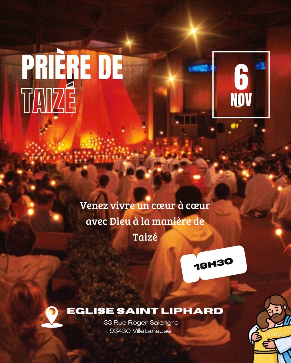 A l'approche de la Rencontre Européenne de Taizé à Paris-IdF (28/12/25 au 01/01/26), les initiatives en paroisse se multiplient ! 🤗 
Les diocésains sont les bienvenus à l'église Saint-Liphard #Villetaneuse, jeudi 6 nov., 19h30, pour la 🙏🏻 de <a href="/taize/">Taizé</a> 👍🏻
#jeunes #Seinesaintdenis