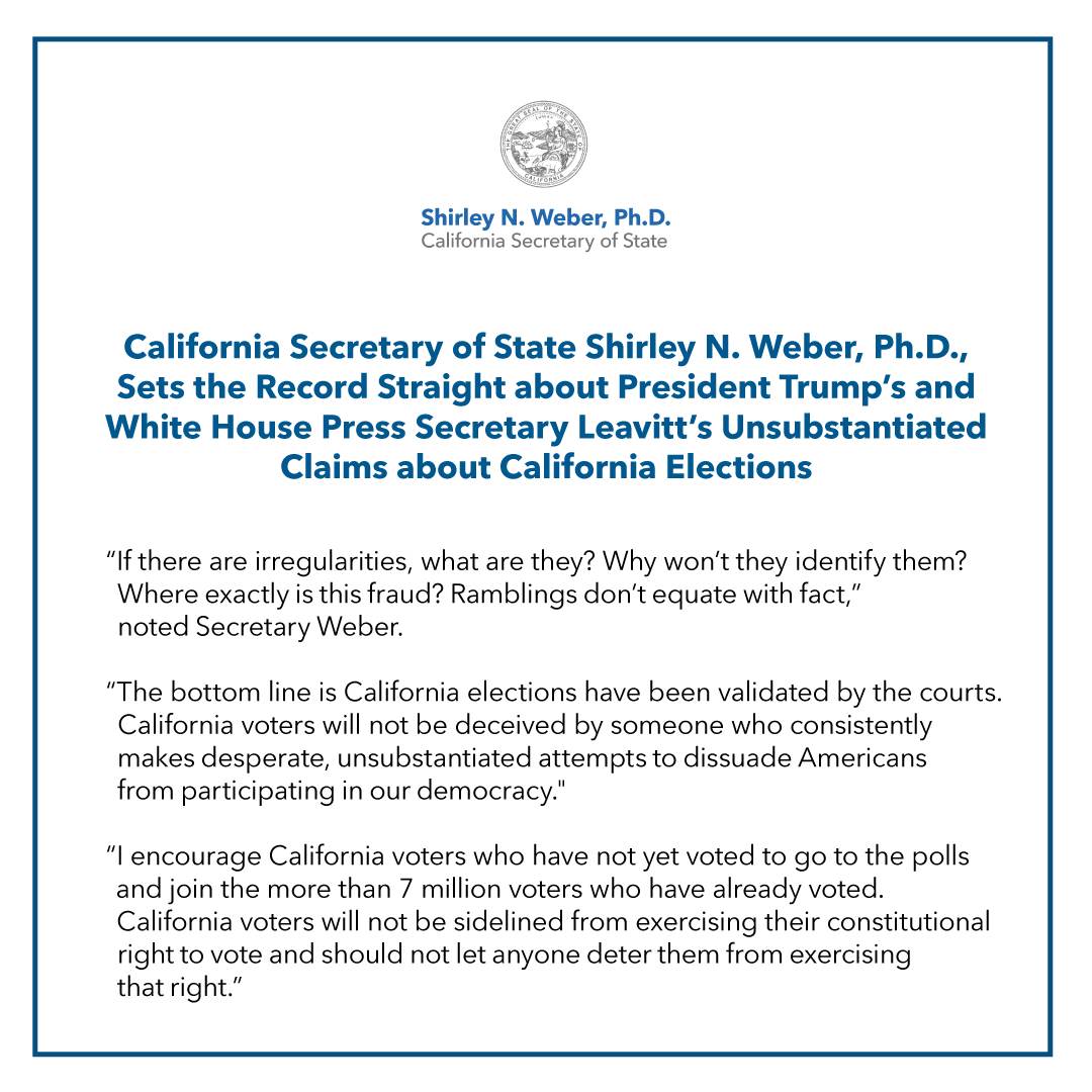 CASOSVote's tweet image. Secretary of State Shirley N. Weber, Ph.D., is setting the record straight about President Trump’s and White House Press Secretary Leavitt’s unsubstantiated claims about California elections.
