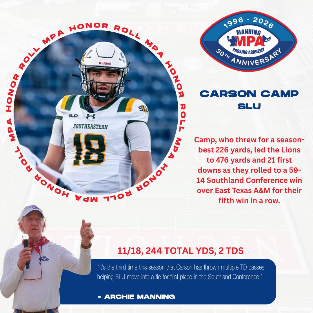 Carson Camp of <a href="/LionUpFootball/">Southeastern Football</a> received recognition from a legend after his performance in SLU's 59-14 victory over East Texas A&amp;M last Saturday

#LionUp | #TheStandard