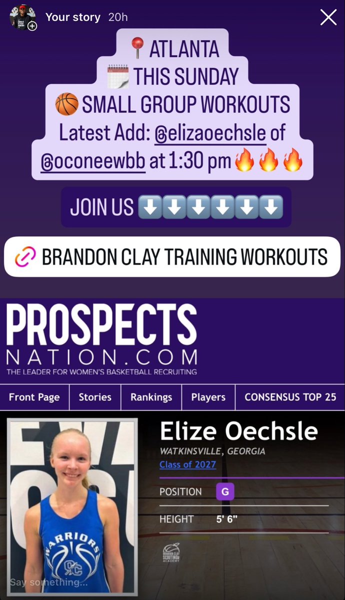 Brandon Clay Training Sessions
Powered x @brandonclaypsb

“Focused Skill Training + Best Brand Marketing in 🏀.”

🗓️ NOV. 9 / NOV. 23 / DEC. 14
📍ATL

🗓️ NOV. 16 / DEC. 7 / DEC. 20 
📍 Indy

‘27 G Eliza Oechsle <a href="/ElizaOechsle/">Eliza</a> of Oconee (GA)🔒 in.

Current List of Players Signed Up
