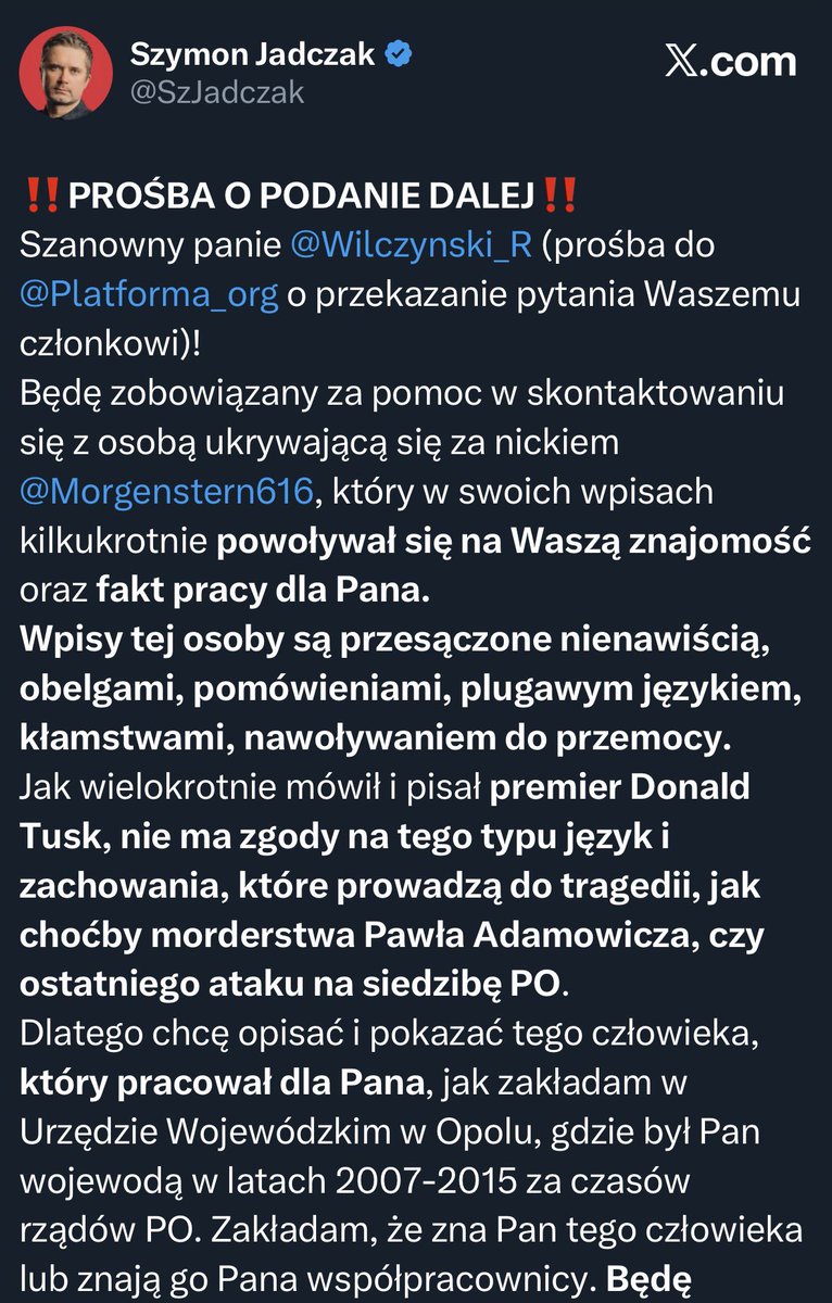 U Jadczaka stabilnie. Skleił <a href="/Morgenstern616/">𝕸𝖔𝖗𝖌𝖊𝖓𝖘𝖙𝖊𝖗𝖓</a> z <a href="/Platforma_org/">Koalicja Obywatelska</a> i z <a href="/donaldtusk/">Donald Tusk</a>. 

Ten koleś jest niesamowity. Piękny umysł z dużą ilością smoków 🥹