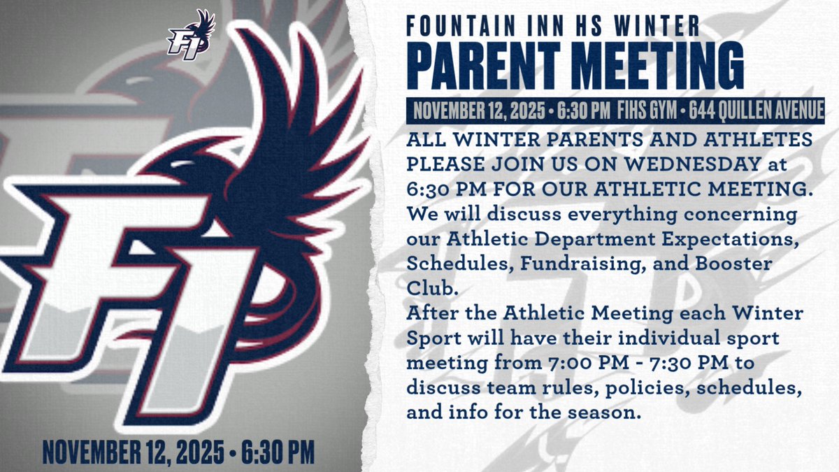 Winter Sports Parents Meeting Wednesday Nov 12 at 6:30pm in FIHS gym <a href="/INNvision_FIHS/">INNvision @ FIHS</a> <a href="/FuryBoosters/">Fury_Boosters</a>
