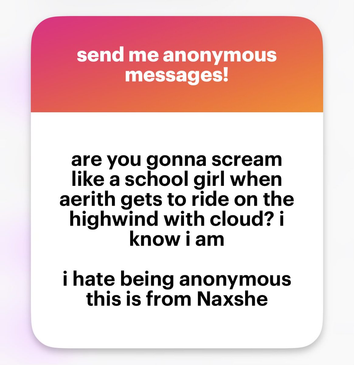 im gonna be screaming like a school girl every time cloud and aerith are on my screen at the same time during part 3 🥰🥰

Also i love that you exposed yourself <a href="/Naxshe22/">Naχshe</a> 🤣🤣