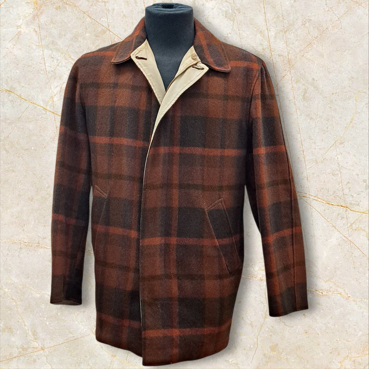 Straight8V's tweet photo. New in my online store and just in time for winter.  A handsome reversible wool jacket. Jacket is brown plaid on one side and tan on the other side with hand pockets on each side. Size is approximately size 44. For more info click following  link: https://t.co/ba12mbI44z https://t.co/0KWupPvFBs