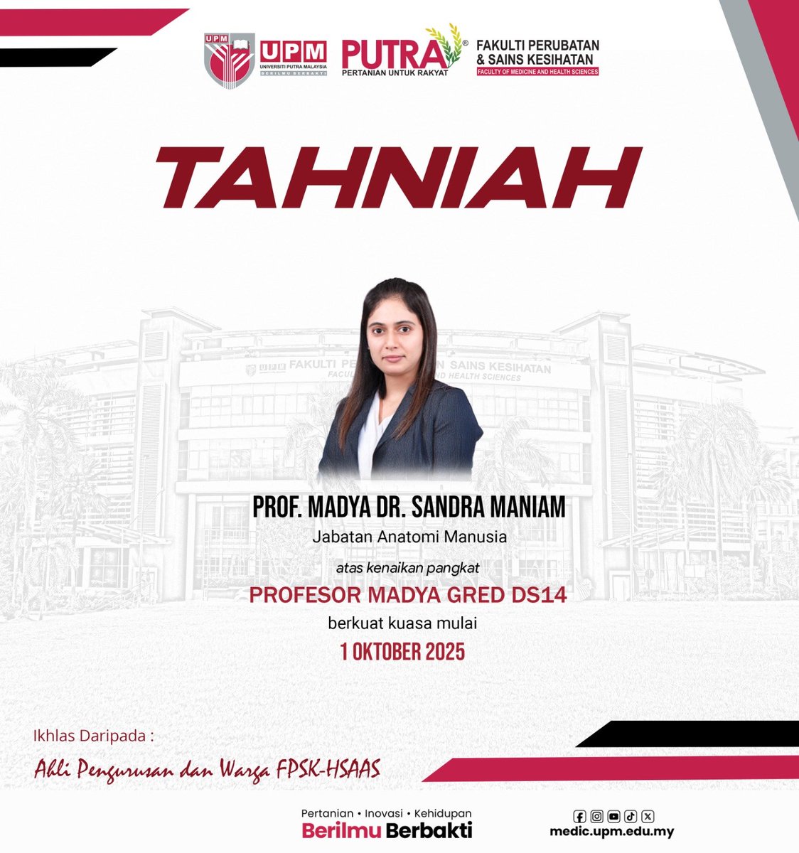 𝗞𝗘𝗡𝗔𝗜𝗞𝗔𝗡 𝗣𝗔𝗡𝗚𝗞𝗔𝗧 𝗞𝗘 𝗝𝗔𝗪𝗔𝗧𝗔𝗡 𝗣𝗥𝗢𝗙𝗘𝗦𝗢𝗥 𝗠𝗔𝗗𝗬𝗔 𝗚𝗥𝗘𝗗 𝗗𝗦𝟭𝟰  

Dengan hormatnya dimaklumkan bahawa pihak Universiti Putra Malaysia telah bersetuju meluluskan penggunaan gelaran kepada pegawai berikut:     

#medicupm #fpskupm #WeLoveUPM