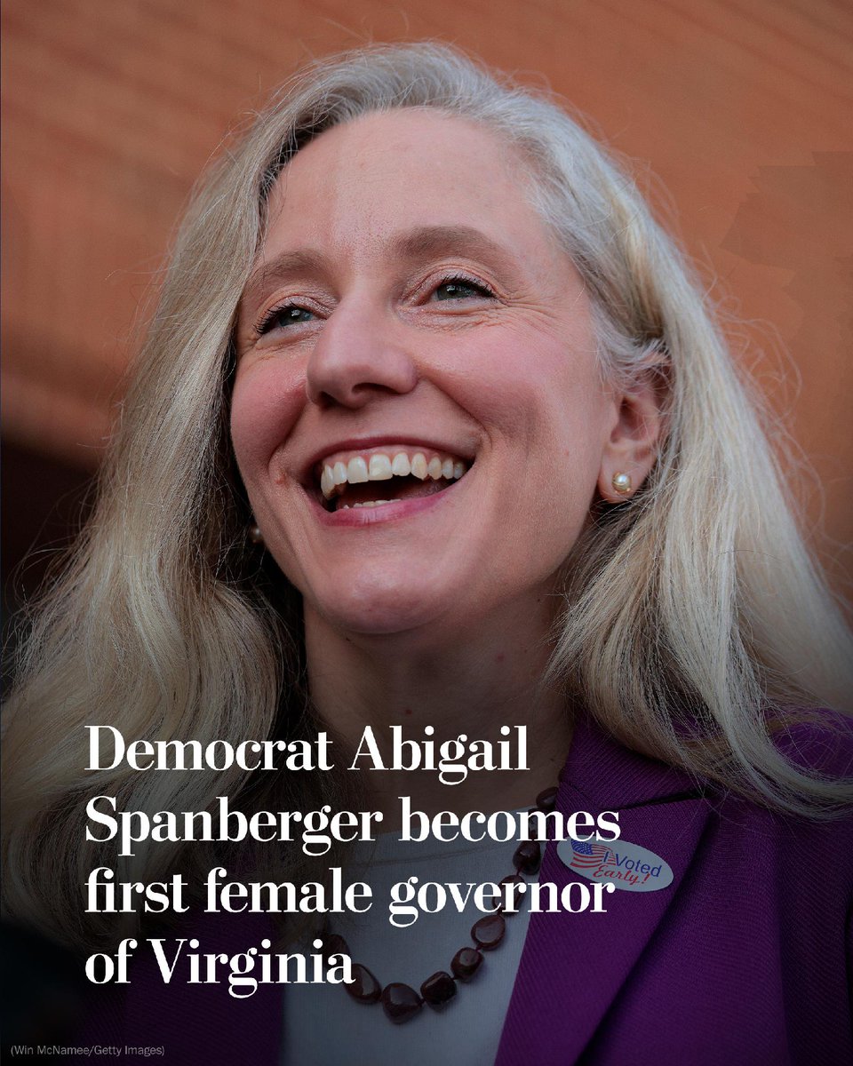 washingtonpost's tweet image. Breaking news: Democrat Abigail Spanberger, a former three-term congresswoman and CIA agent will become Virginia’s first female governor, the AP projects. wapo.st/4oPED34